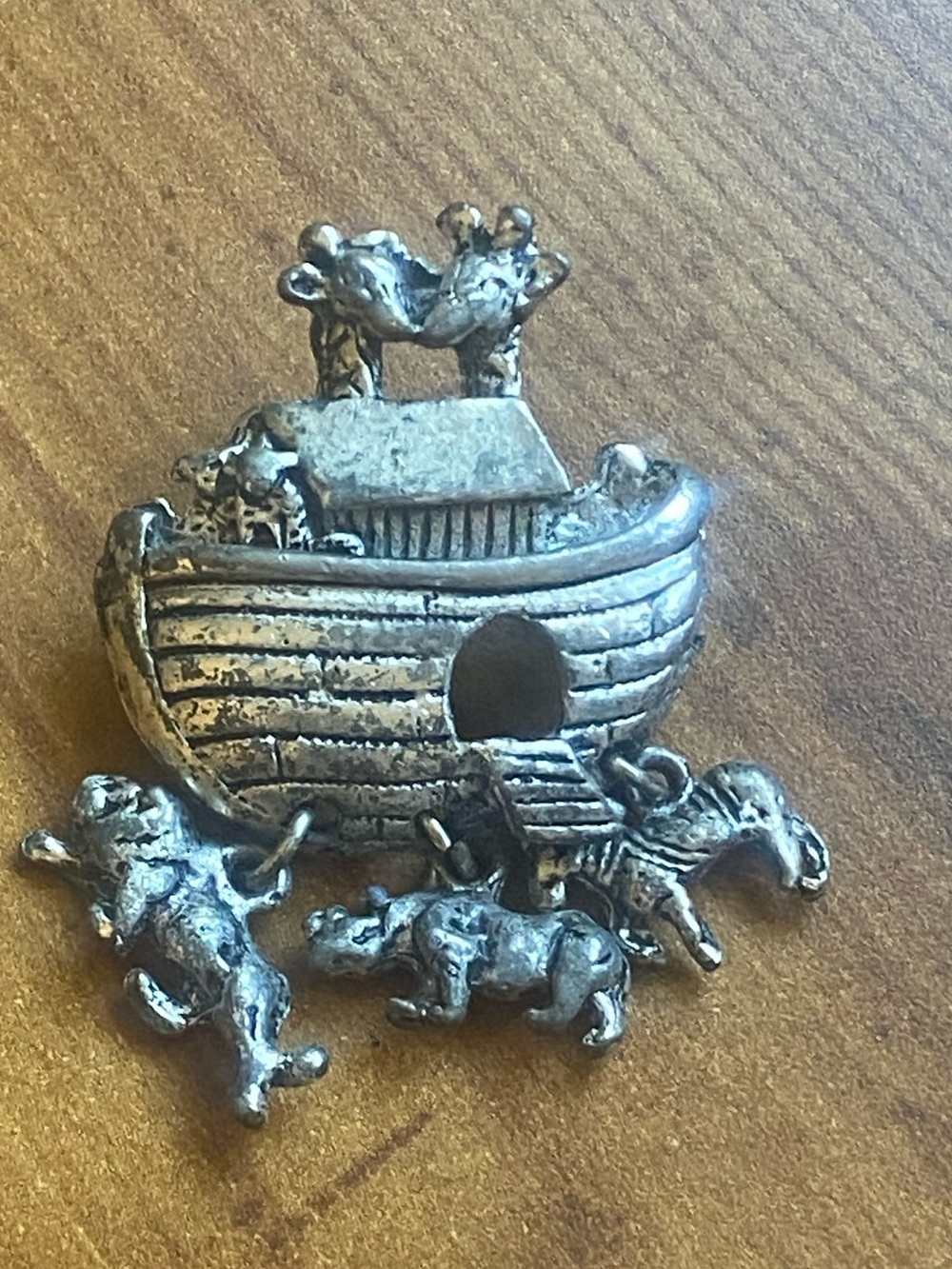 Vintage Noah's Ark Pewter Pin Brooch with charms - Silver Tone 1980s-1990s
